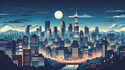 nighttime atmosphere of a beautiful metropolitan city decorated with bright lights