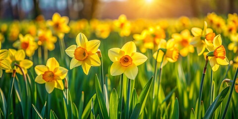 Obraz premium Vibrant yellow daffodils sway gently in the breeze, blooming amidst a lush carpet of emerald green grass, creating a serene and idyllic springtime scenery.