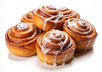 Fototapeta premium Freshly baked, mouthwatering cinnamon rolls with sweet glaze and sprinkled cinnamon, isolated on a clean white background, perfect for sweet treats and baked goods.