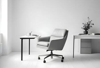 A modern office chair is made from gray leather and is isolated on a white background