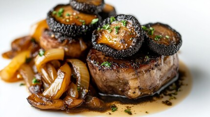 Fototapeta premium Truffle mushrooms on a luxurious plate of foie gras and caramelized onions, with a white background.
