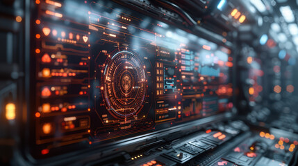 Close-up of a futuristic digital interface with HUD elements, displaying various data on a high-tech computer screen. Concept of technology