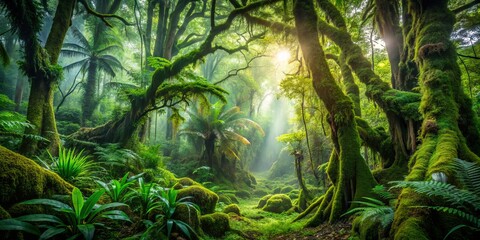 Naklejka premium Lush verdant tropical rainforest scene featuring towering trees blanketed in vibrant green moss, surrounded by dense foliage and filtered dappled light.