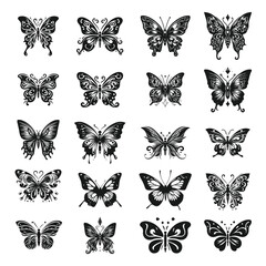 collection of butterflies silhouette tattoo isolated on white