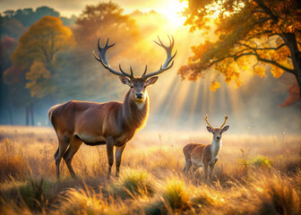 Majestic stag and gentle deer roam freely in a serene golden meadow bathed in warm soft sunlight, surrounded by a picturesque autumnal landscape.