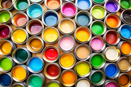 Bright colorful background with metal round cans of multicolored liquid paints, top view. Painting works
