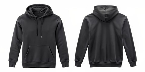 Empty black hoodie with long sleeves and front pocket, isolated on white background with clipping path, perfect for design mockup and print template.