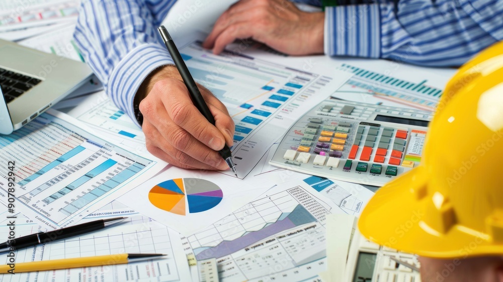 Wall mural generate a photo realistic image of a construction project team discussing cost allocations with det