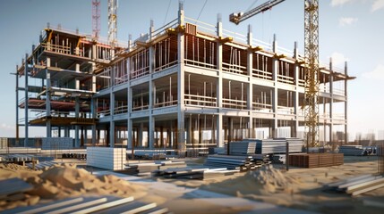 Generate a photo realistic image of a construction project providing an overview of project expenses with detailed financial charts and budgeting reports; ensure the image is of high resolution