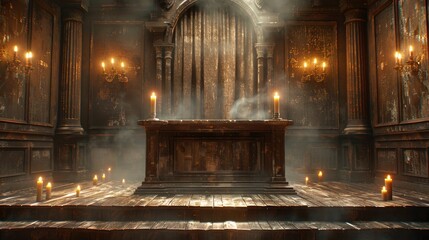 Atmospheric image of an ancient church altar illuminated by candlelight, creating a mystical and serene ambiance.