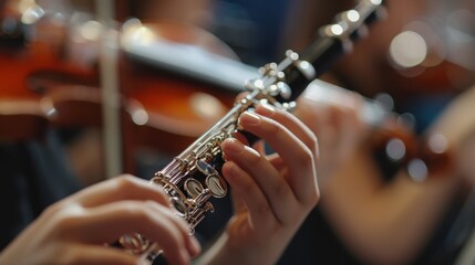 Close up of a flutist's hands playing a flute.