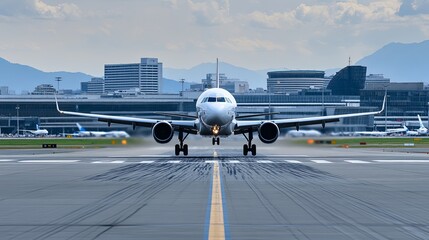 semi close-up of a runway with an airplane taking off, airport buildings in the background, ample copy space, more clarity with clear light and sharp focus, high detailed