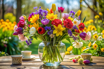 Vibrant spring flowers in a stunning glass vase adorn a table, bringing warmth and elegance to the space with their colorful blooms and delicate petals.