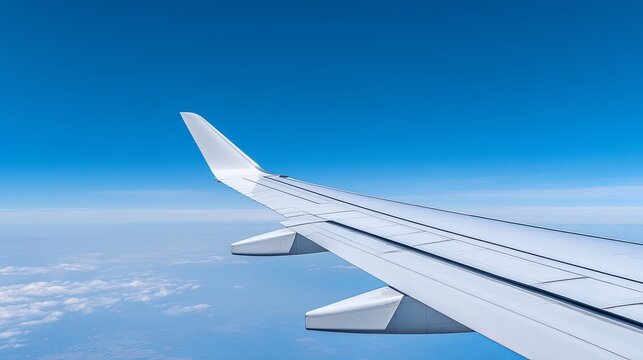 close-up of an airplane wing in mid-flight, clear blue sky, ample copy space, more clarity with clear light and sharp focus, high detailed