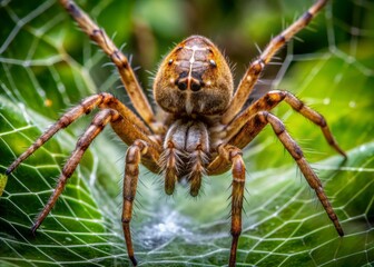 Fototapeta premium A menacing brown spider lurks in the center of its intricate web lair, patiently waiting for unsuspecting prey to stumble into its sticky snare.