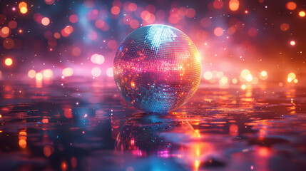 A sparkling disco ball reflecting vibrant colors with a bokeh background, evoking a festive and celebratory atmosphere. The concept of nightlife and parties