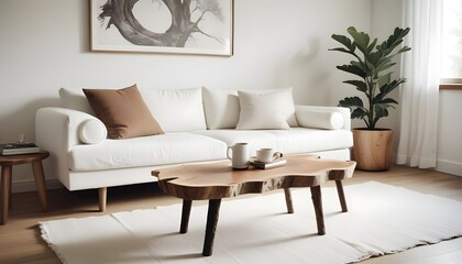 Scandinavian interior design of a modern living room with a live-edge coffee table made from a tree stump near a white fabric sofa
