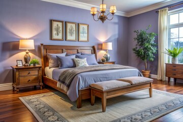 Fototapeta premium Inviting bedroom features a plush brown bed, wooden nightstand, and vintage accents against a calming livid blue backdrop, exuding warmth and cozy tranquility.