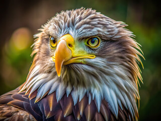Obraz premium A regal eagle's piercing gaze is captured in stunning detail, its sharp feathers and intense eye radiating power and fierce beauty in a serene natural setting.
