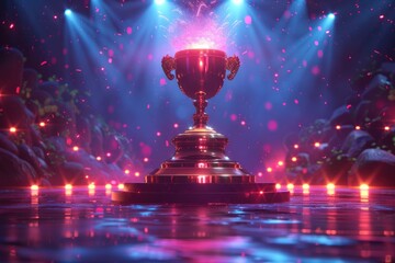 Golden trophy under vibrant colorful lights with celebratory ambiance, perfect for awards and victory concept photos.