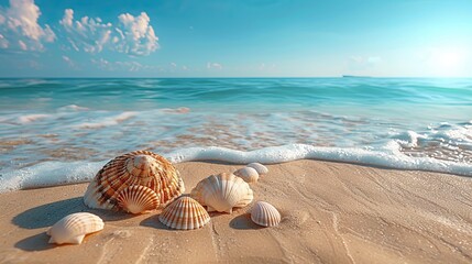 Obraz premium Array of Colorful Sea Shells Scattered on Sandy Beach by the Ocean