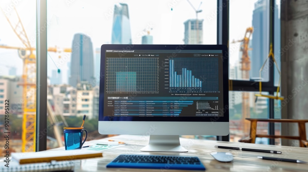 Wall mural generate a photo realistic image of a construction project displaying a budget tracking dashboard wi