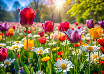 Fototapeta premium Vibrant colors abound as a stunning assortment of flowers, including tulips and daisies, bloom in perfect harmony, covering the lush green grass in a beautiful display.
