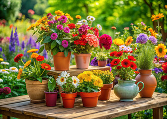 A beautifully arranged wooden table features an array of colorful pots overflowing with vibrant flowers, creating a serene and peaceful atmosphere.