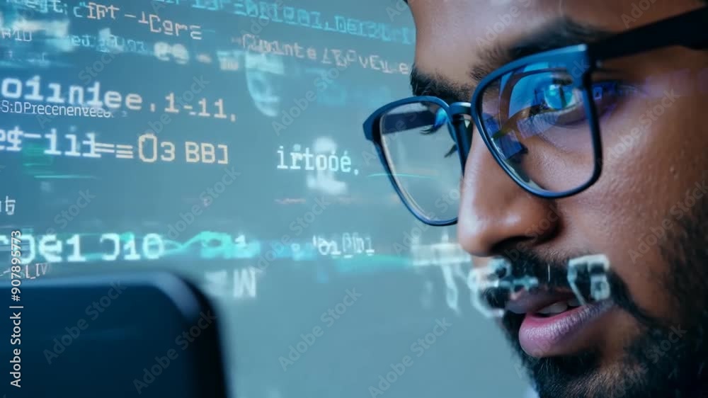 Poster focused indian developer analyzing code for cybersecurity solutions generative ai
