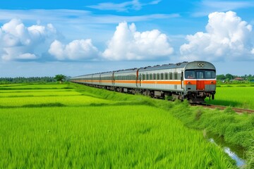 Sleek Train Traversing Lush Paddy Fields