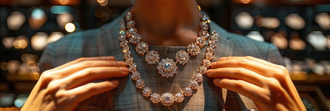 Close-up of a person trying on an elegant diamond necklace in a jewelry store, showcasing luxury and sophistication.