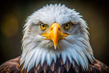 Obraz premium Majestic bald eagle's intense gaze, piercing brown eyes, and strong white head feathers fill the frame in this intimate, sharply focused wildlife portrait.