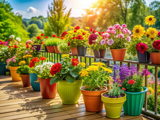 Vibrant summer flowers in colorful pots and planters adorn a sunny balcony or terrace, creating a beautiful and inviting outdoor home decoration.