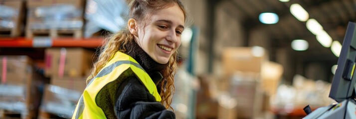 Female worker in safety vest and scanner smiling and typing on package scanner in freight forwarding company warehouse