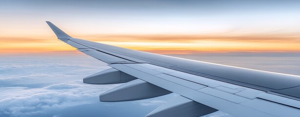 close-up of airplane wing and flaps during flight, sky backdrop, ample copy space, more clarity with clear light and sharp focus, high detailed