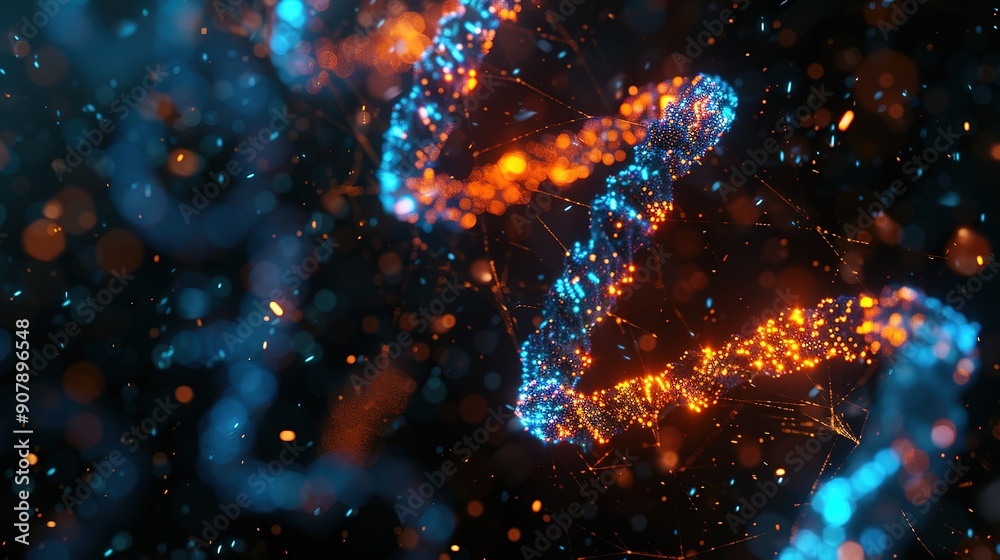 Wall mural wonderful abstract representation of dna strand with glowing particles on a dark background