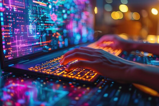 Hands typing on a colorful backlit keyboard with computer code on the screen. Concept of programming, hacking, and technology.