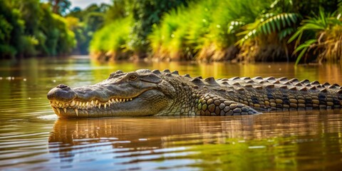 Obraz premium A massive saltwater crocodile glides effortlessly through the murky water of a serene river, its scaly body partially visible near a canal's gentle current.
