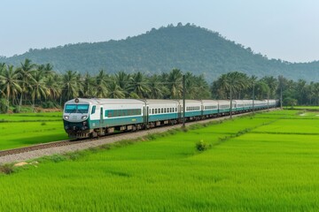 Obraz premium Streamlined Train Across Tranquil Paddy Fields