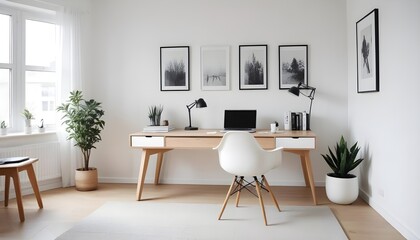 A modern home office includes a wooden desk and office chair positioned against a white wall This Scandinavian interior design of the modern living room provides a comfortable workplace
