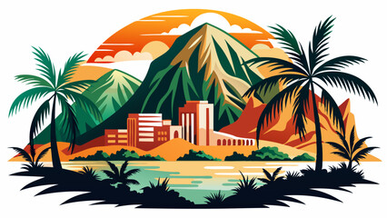 Bron Mountain and palm tree and valley clean color silhouette