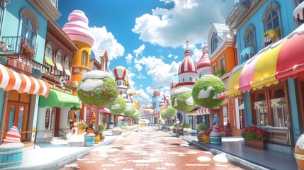 An animated 3D cartoon depicts an avenue with people licking ice cream and the road being made of ice cream The houses are painted in ice cream colors on both sides of the street