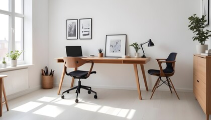 A modern home office includes a wooden desk and office chair positioned against a white wall This Scandinavian interior design of the modern living room provides a comfortable workplace