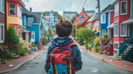 Young boy with backpack walking down colorful street.