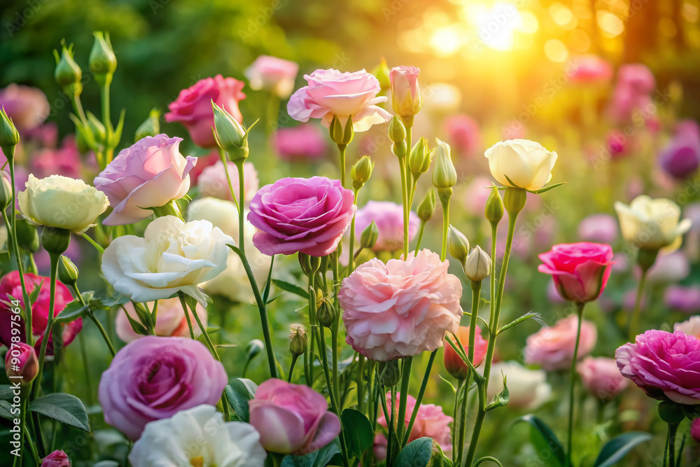 Wall mural Delicate eustoma flowers and lush roses bloom together in an idyllic garden, surrounded by lush greenery, soft sunlight, and a serene atmosphere of natural beauty.