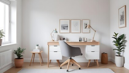 Fototapeta premium A modern home office includes a wooden desk and office chair positioned against a white wall This Scandinavian interior design of the modern living room provides a comfortable workplace