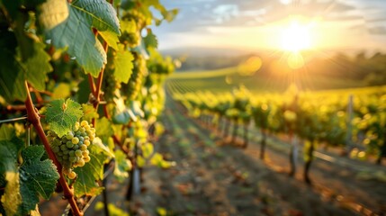 Fototapeta premium A scenic view of a sunlit vineyard, with rows of grapevines stretching into the distance, the leaves showing signs of heat stress.