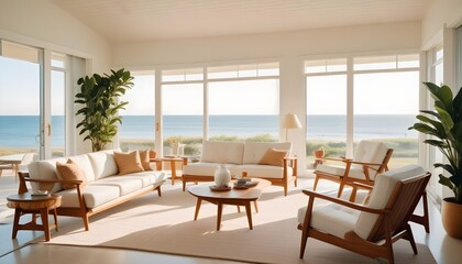 Fototapeta premium A seaside villa features a mid-century coastal home interior design for the modern living room
