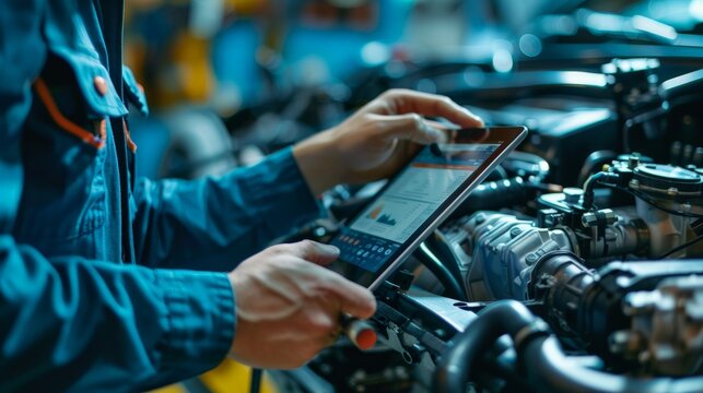 A close-up of an automotive mechanic running diagnostic software on tablet vehicle service manager worker work in mechanics garage, check and maintenance to repair the engine car in workshop