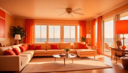 Fototapeta premium A seaside villa features a mid-century coastal home interior design for the modern living room